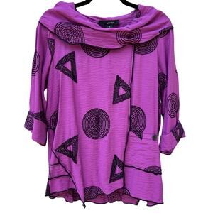 Ali Miles Geometric Print Embroider Asymmetrical Tunic Top Purple Black Medium